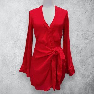 L'Academie Little Janeiro Red Dress Womens Small Wrap Waist Mini with Long Sleev